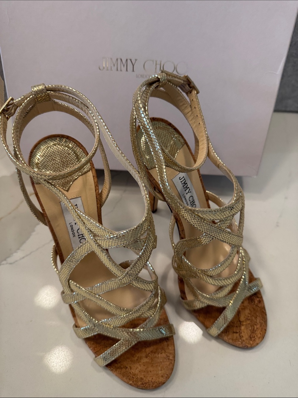 Jimmy Choo Metallic Gold Strappy Stiletto Sandals 40